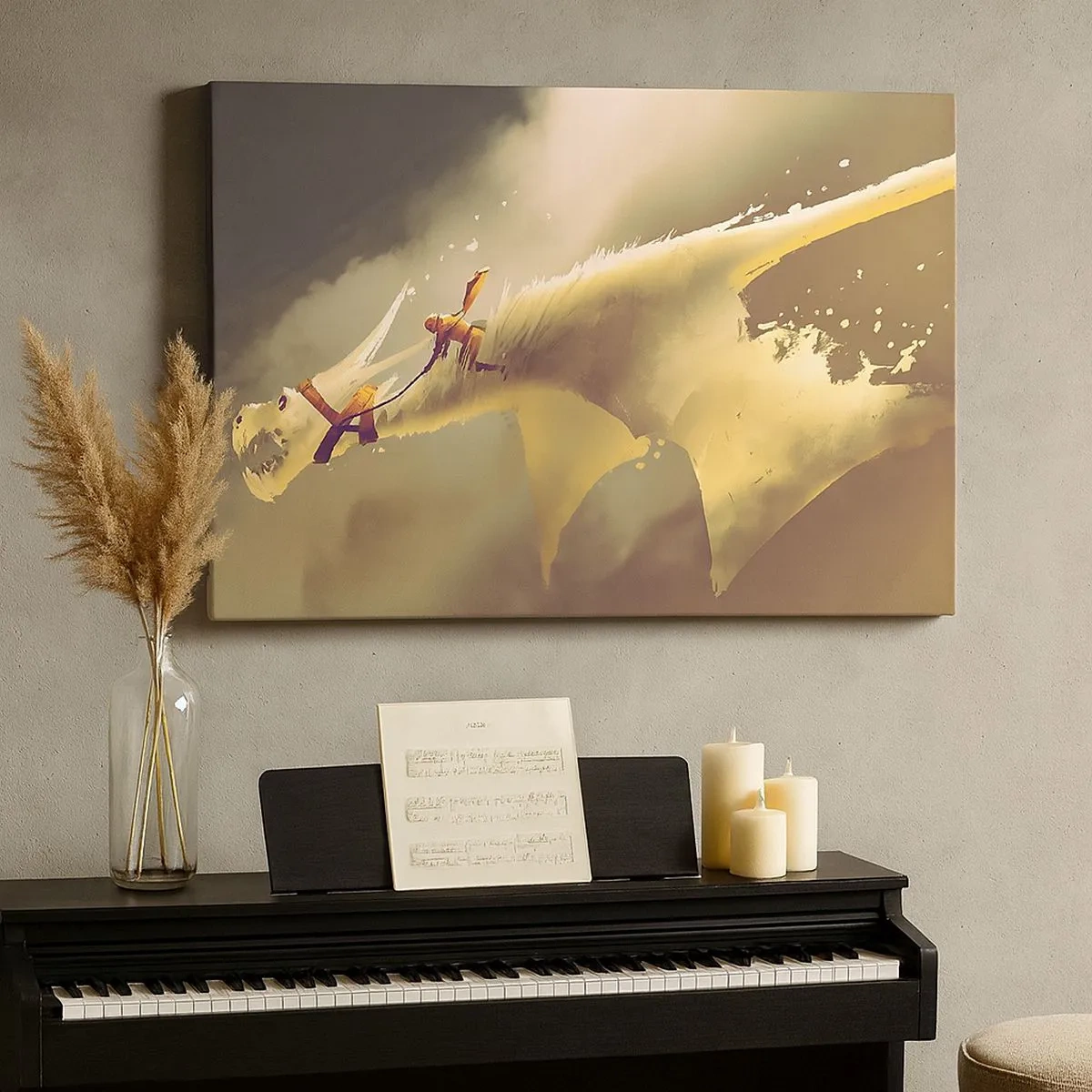 Tablou pe pânză Canvas - Ilustrație a unui călăreț de dragon într-un peisaj fantezist cu nori - 70x50cm - Salvăm lumea - Decorațiune modernă pentru perete pentru living și dormitor ARTTOR