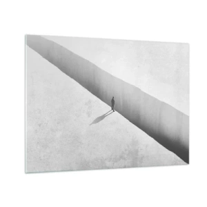 Tablou pe sticlă - O siluetă minimalistă peste o prăpastie într-un spațiu luminos - 70x50cm - Obiectiv clar - Decorațiune modernă pentru perete pentru living și dormitor ARTTOR