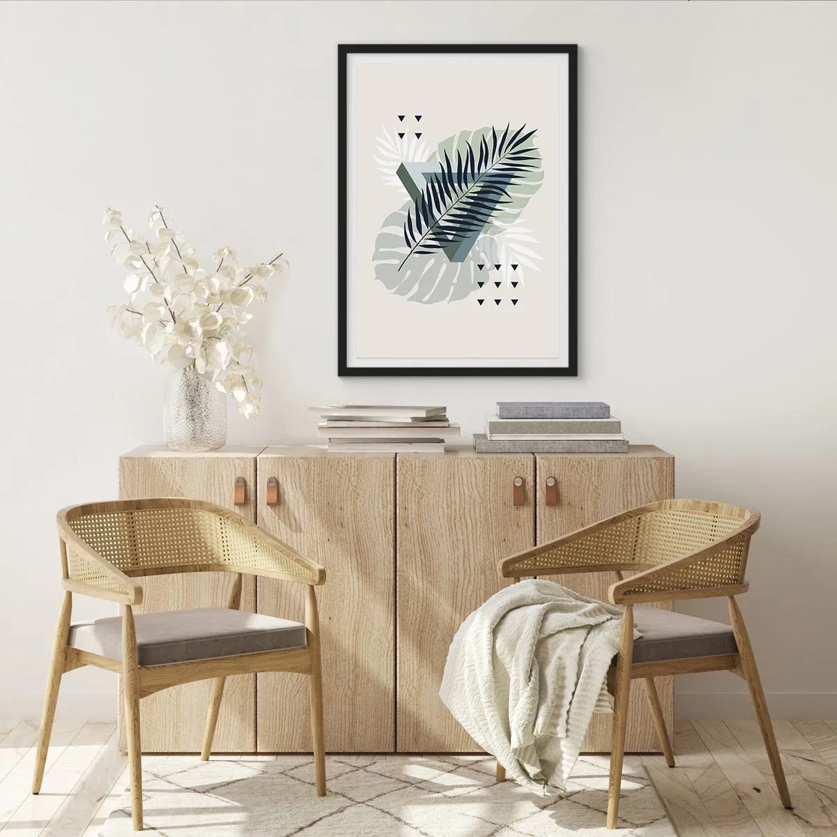 Poster în ramă neagră - Frunze tropicale abstracte pe un fundal deschis - 50x70cm - Natura și geometria - două ordine? - Decorațiune modernă pentru perete pentru living și dormitor ARTTOR