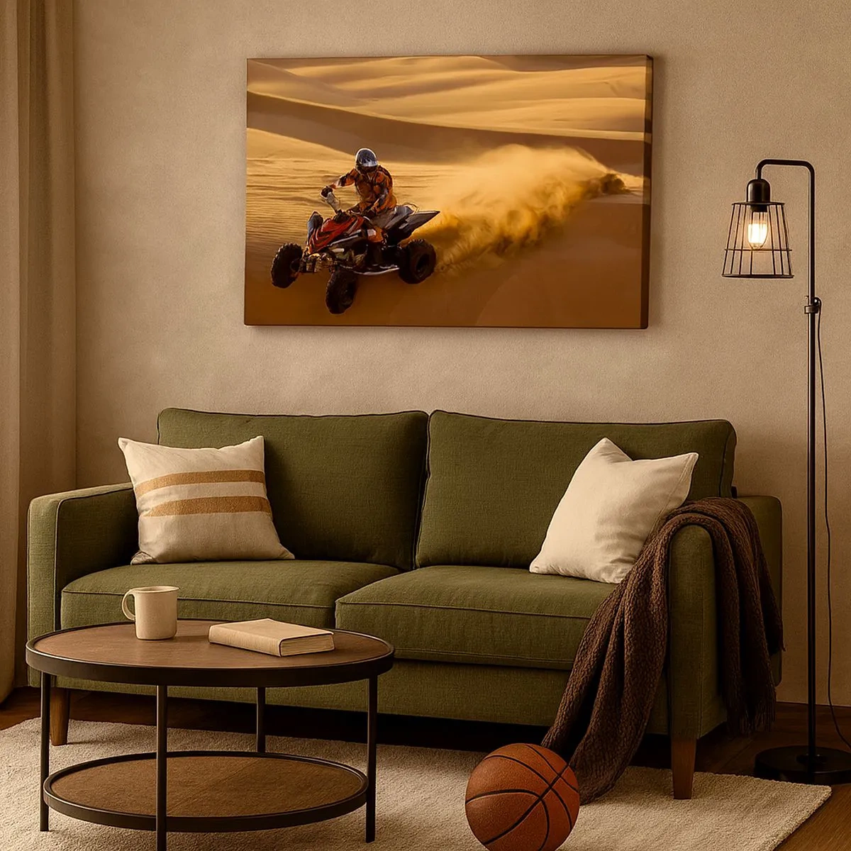 Tablou pe pânză Canvas - Un motociclist pe un ATV care gonește peste dunele de nisip din deșert - 70x50cm - Pe valuri de nisip - Decorațiune modernă pentru perete pentru living și dormitor ARTTOR