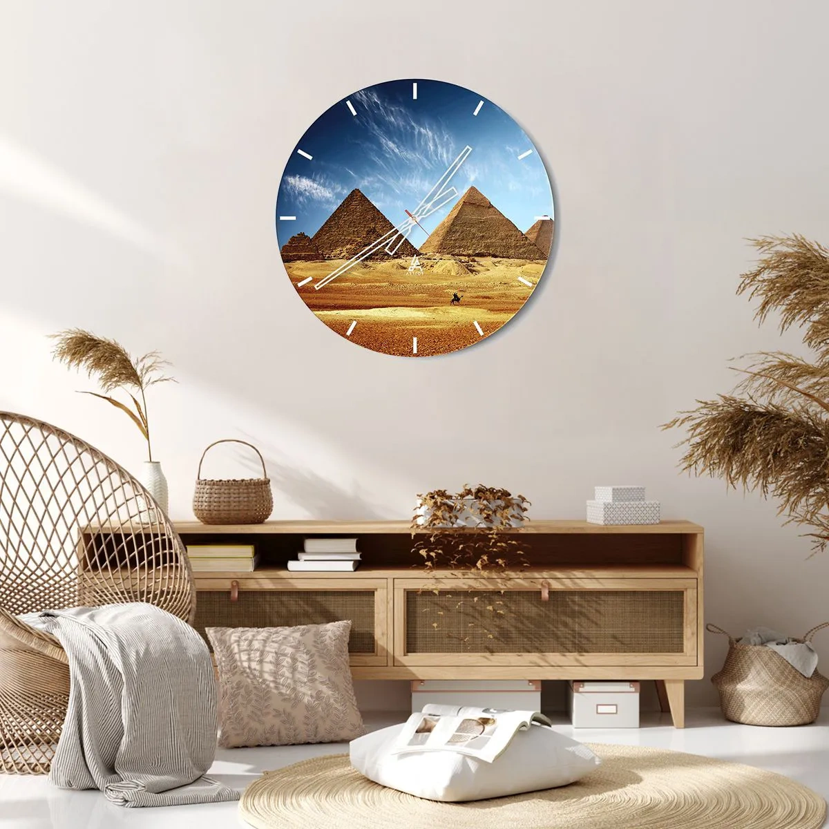 Ceas de perete - Ceas pe sticlă - Piramidele din Giza pe fundalul cerului albastru - 30x30cm - 40 de secole vă privesc - Decorațiune modernă pentru perete pentru living, bucătărie și dormitor ARTTOR