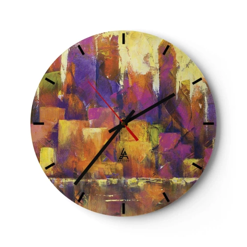 Ceas de perete - Ceas pe sticlă - O compoziție abstractă în nuanțe de galben și violet. - 30x30cm - Compoziția metropolitană - Decorațiune modernă pentru perete pentru living, bucătărie și dormitor ARTTOR