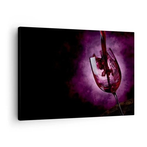 Tablou pe pânză Canvas - Vin roșu turnat într-un pahar pe un fundal de fum violet - 70x50cm - Stacojiu? Carmin? Nu, rubin. - Decorațiune modernă pentru perete pentru living și dormitor ARTTOR