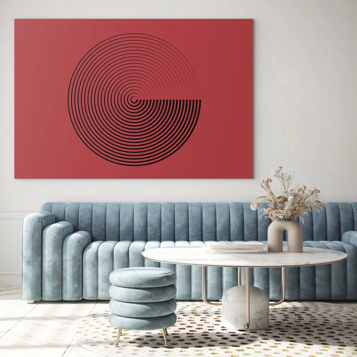 Tablou pe sticlă - Cercuri concentrice negre pe fundal roșu - 70x50cm - Mișcare circulară - Decorațiune modernă pentru perete pentru living și dormitor ARTTOR