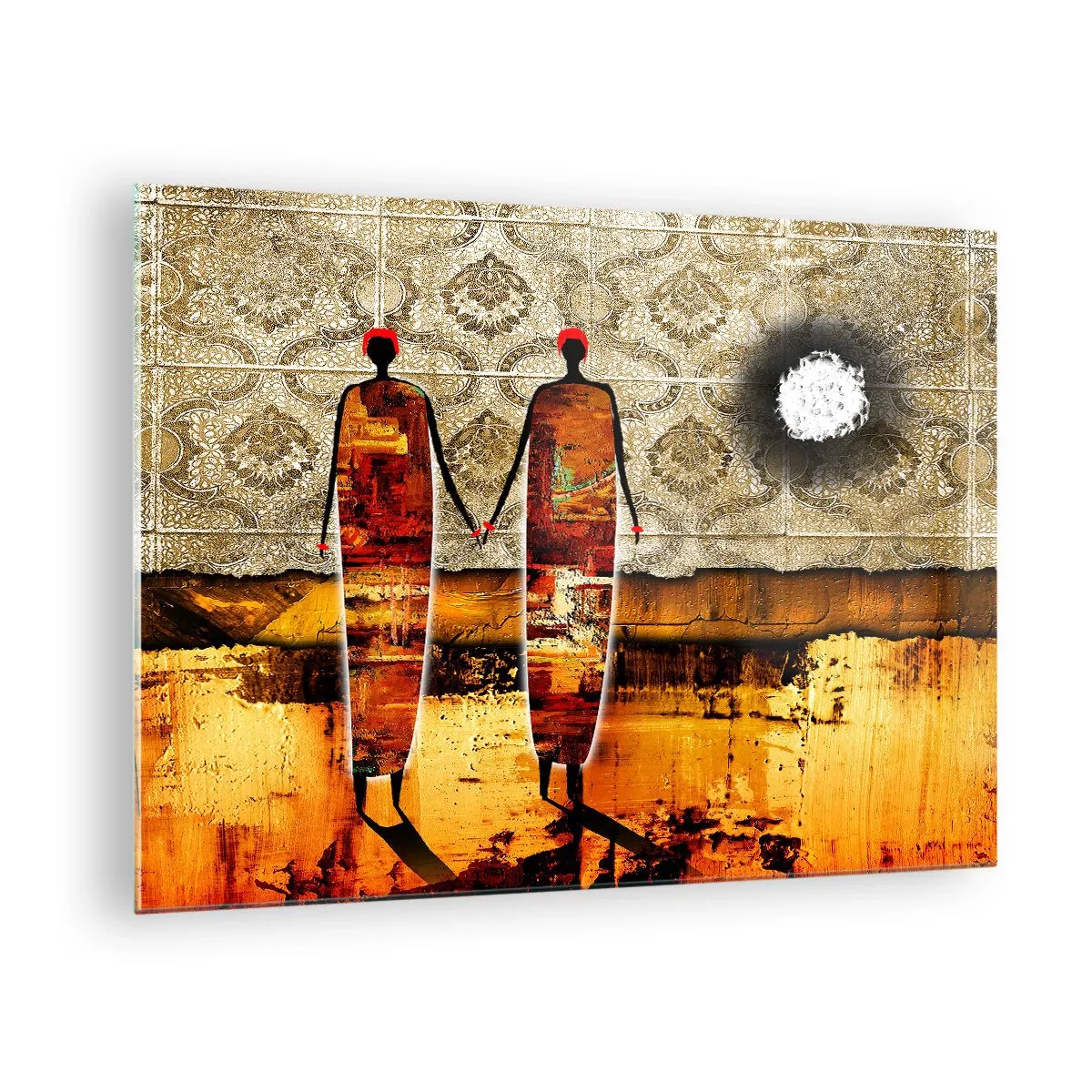 Tablou pe sticlă - Două figuri abstracte pe un fundal de ornament și nuanțe aurii - 70x50cm - Compoziție etnică în culorile Africii - Decorațiune modernă pentru perete pentru living și dormitor ARTTOR