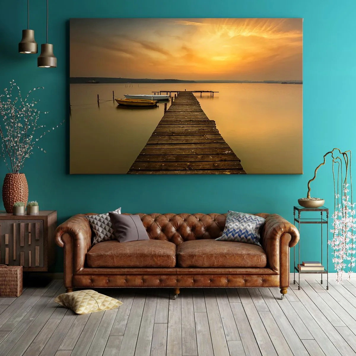 Tablou pe pânză Canvas - ponton din lemn și bărci pe lac la apus - 70x50cm - Îți voi deschide cerul de aur - Decorațiune modernă pentru perete pentru living și dormitor ARTTOR