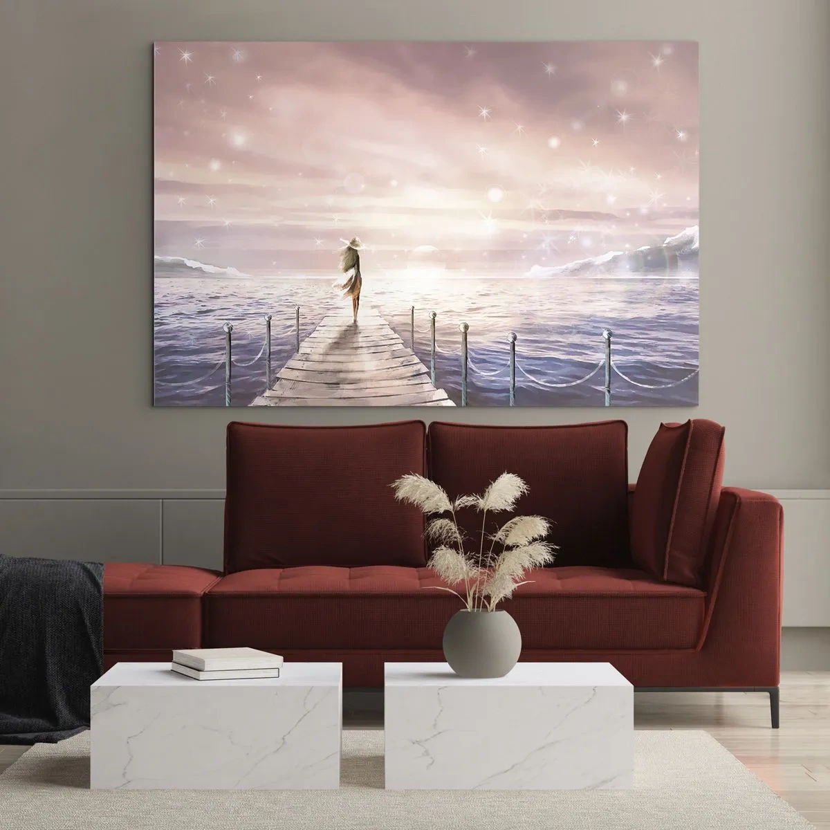 Tablou pe sticlă - Femeie pe dig la apus - 70x50cm - În lumina unui vis - Decorațiune modernă pentru perete pentru living și dormitor ARTTOR