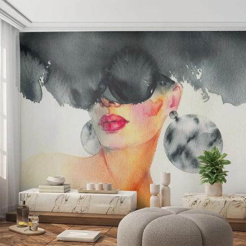 Tapet Premium Sand - Secretul eleganței - Chipul de femeie, Femeie, Pălărie - 250x175 cm