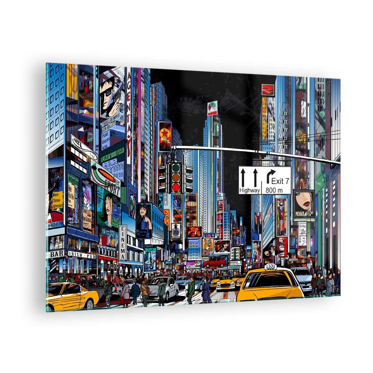 Tablou pe sticlă - O stradă aglomerată cu taxiuri galbene și reclame luminoase - 70x50cm - O noapte mare și comică - Decorațiune modernă pentru perete pentru living și dormitor ARTTOR