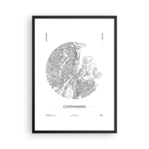 Poster în ramă neagră - O hartă minimalistă a Copenhagei, în alb și negru. - 50x70cm - Anatomia Copenhagăi - Decorațiune modernă pentru perete pentru living și dormitor ARTTOR