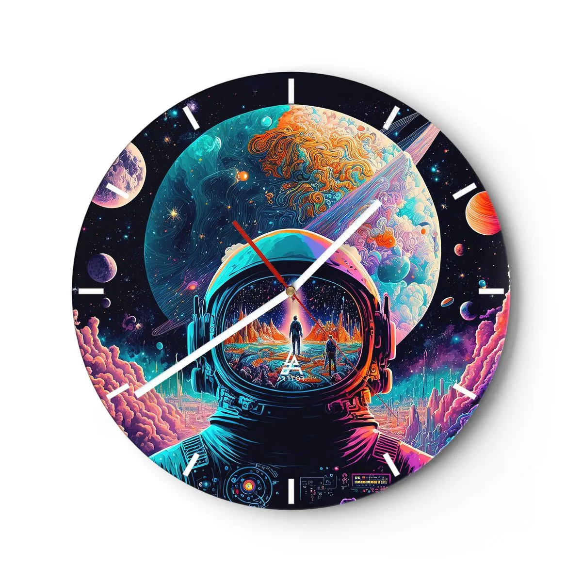 Ceas de perete - Ceas pe sticlă - Astronaut în spațiu colorat cu reflecție a planetei - 30x30cm - Visul nevisat al filozofiilor - Decorațiune modernă pentru perete pentru living, bucătărie și dormitor ARTTOR