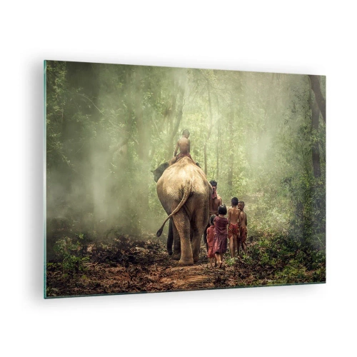 Tablou pe sticlă - Un elefant în pădure cu copii în costume tradiționale - 70x50cm - Noua Carte a Junglei - Decorațiune modernă pentru perete pentru living și dormitor ARTTOR