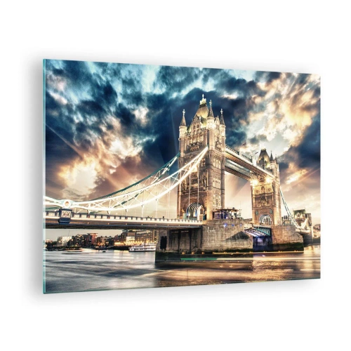 Tablou pe sticlă - Tower Bridge din Londra pe un cer dramatic - 70x50cm - Un monument al imperiului victorian - Decorațiune modernă pentru perete pentru living și dormitor ARTTOR