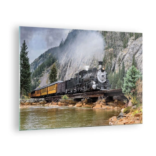 Tablou pe sticlă - O locomotivă cu aburi pe un pod în munți - 70x50cm - Și încotro? Unde? - Decorațiune modernă pentru perete pentru living și dormitor ARTTOR