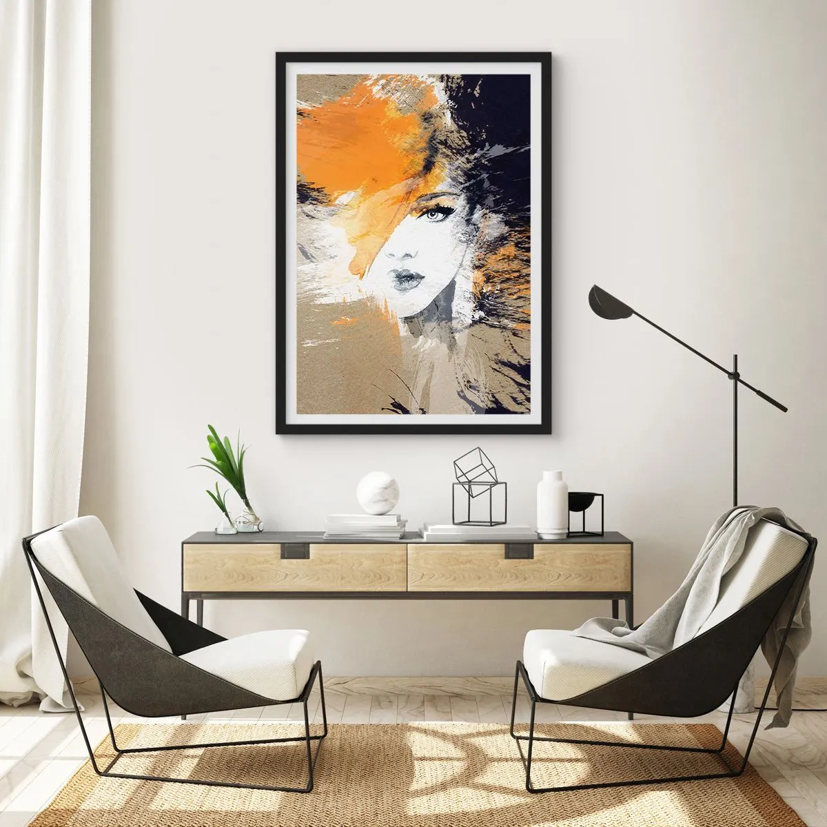 Poster în ramă neagră - Portret de femeie într-un stil artistic cu accente portocalii - 50x70cm - Și se face lumină - Decorațiune modernă pentru perete pentru living și dormitor ARTTOR