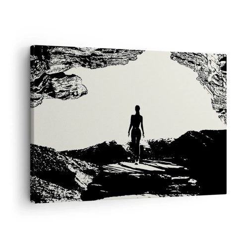 Tablou pe pânză Canvas - Siluetă alb-negru a unei femei într-o peșteră pe fundalul cerului - 70x50cm - O nouă înfățișare - Decorațiune modernă pentru perete pentru living și dormitor ARTTOR