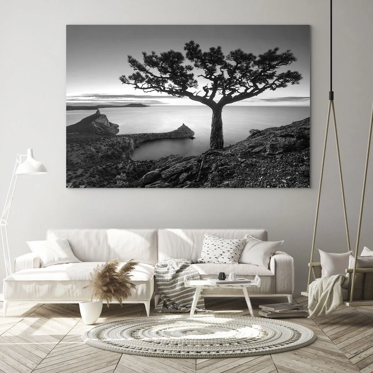 Tablou pe sticlă - Un copac pe o stâncă cu vedere la golf - 70x50cm - Liniște până la orizont - Decorațiune modernă pentru perete pentru living și dormitor ARTTOR