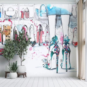 Tapet Standard Eco - Ilustrație artistică a pantofilor și a picioarelor unei femei într-un dressing - 100x70cm - Sesam, deschide-te - Decorațiune modernă pentru perete pentru living și dormitor ARTTOR