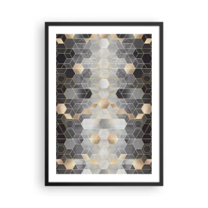 Poster în ramă neagră - Model hexagonal geometric în nuanțe de auriu și gri - 50x70cm - Compoziție diamantată - Decorațiune modernă pentru perete pentru living și dormitor ARTTOR