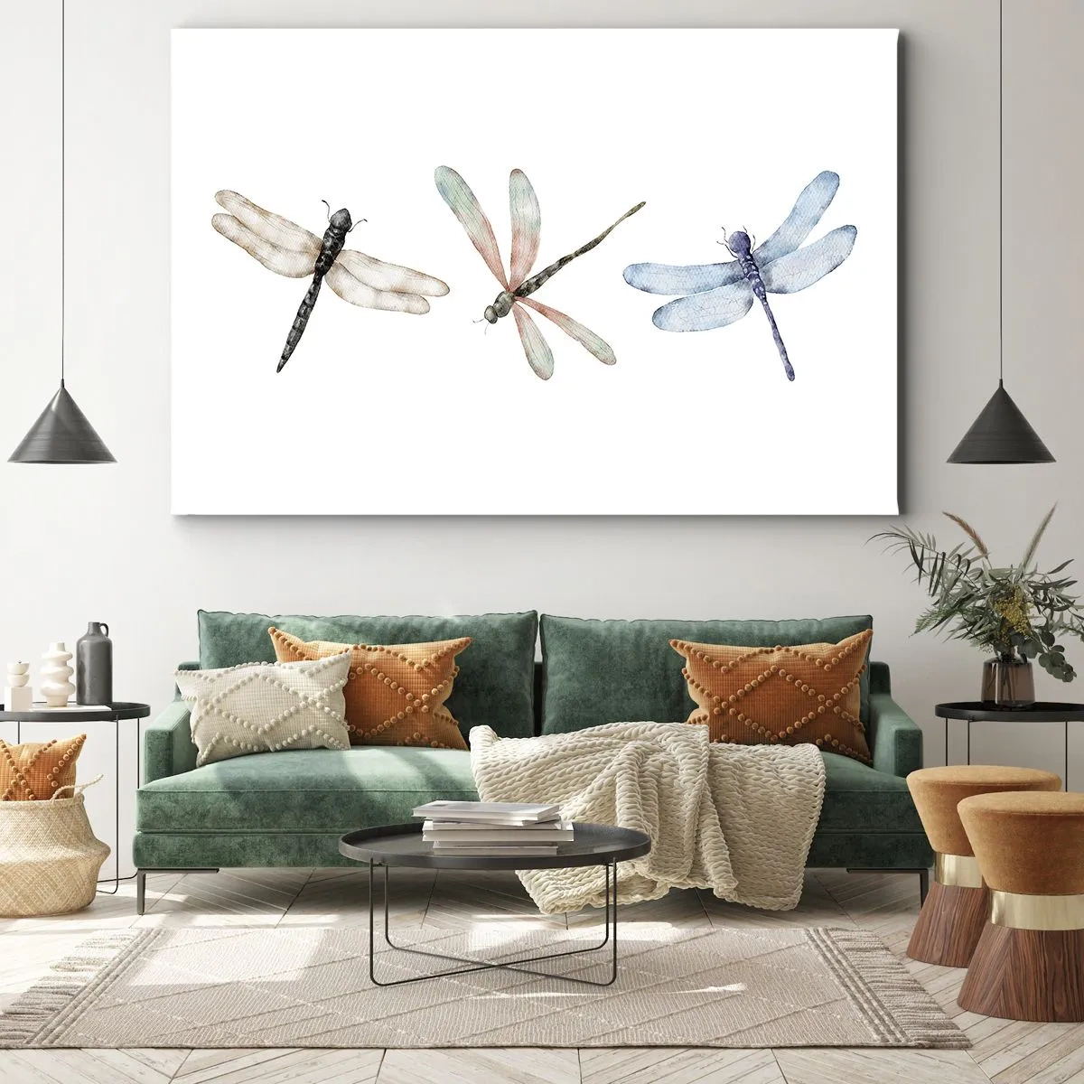 Tablou pe pânză Canvas - Trei libelule în culori pastelate delicate - 70x50cm - Libelule imponderabile - Decorațiune modernă pentru perete pentru living și dormitor ARTTOR