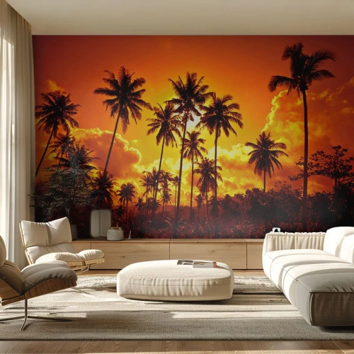 Tapet Standard Eco - Munții ard, pădurile ard - palmieri, Tropicele, Soare - 400x280 cm