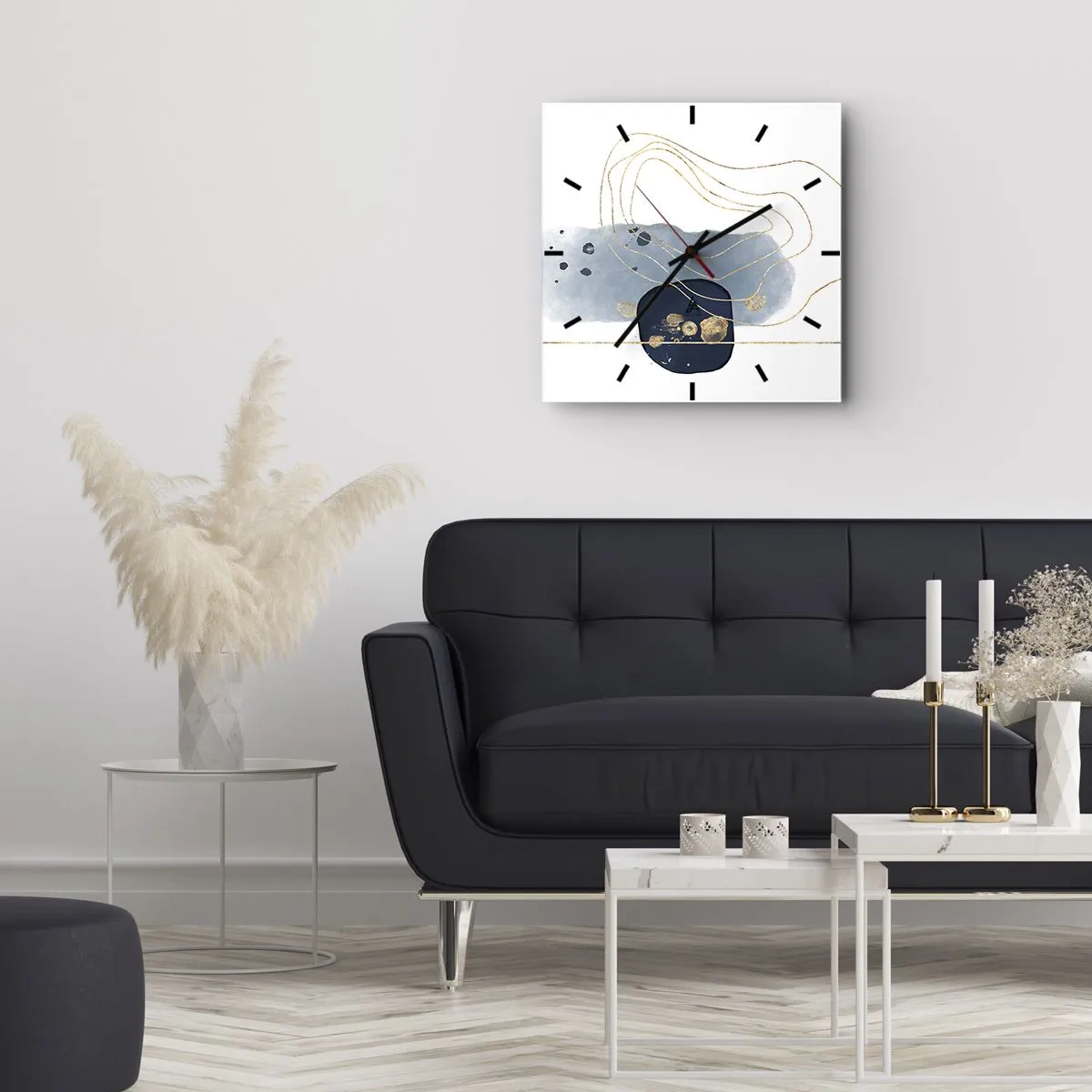 Ceas de perete - Ceas pe sticlă - Fantezie albastru-auriu - 40x40 cm