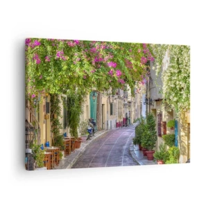 Tablou pe pânză Canvas - O stradă fermecătoare cu viță de vie înflorită și mese de cafenea - 70x50cm - Alee înfloritoare - Decorațiune modernă pentru perete pentru living și dormitor ARTTOR