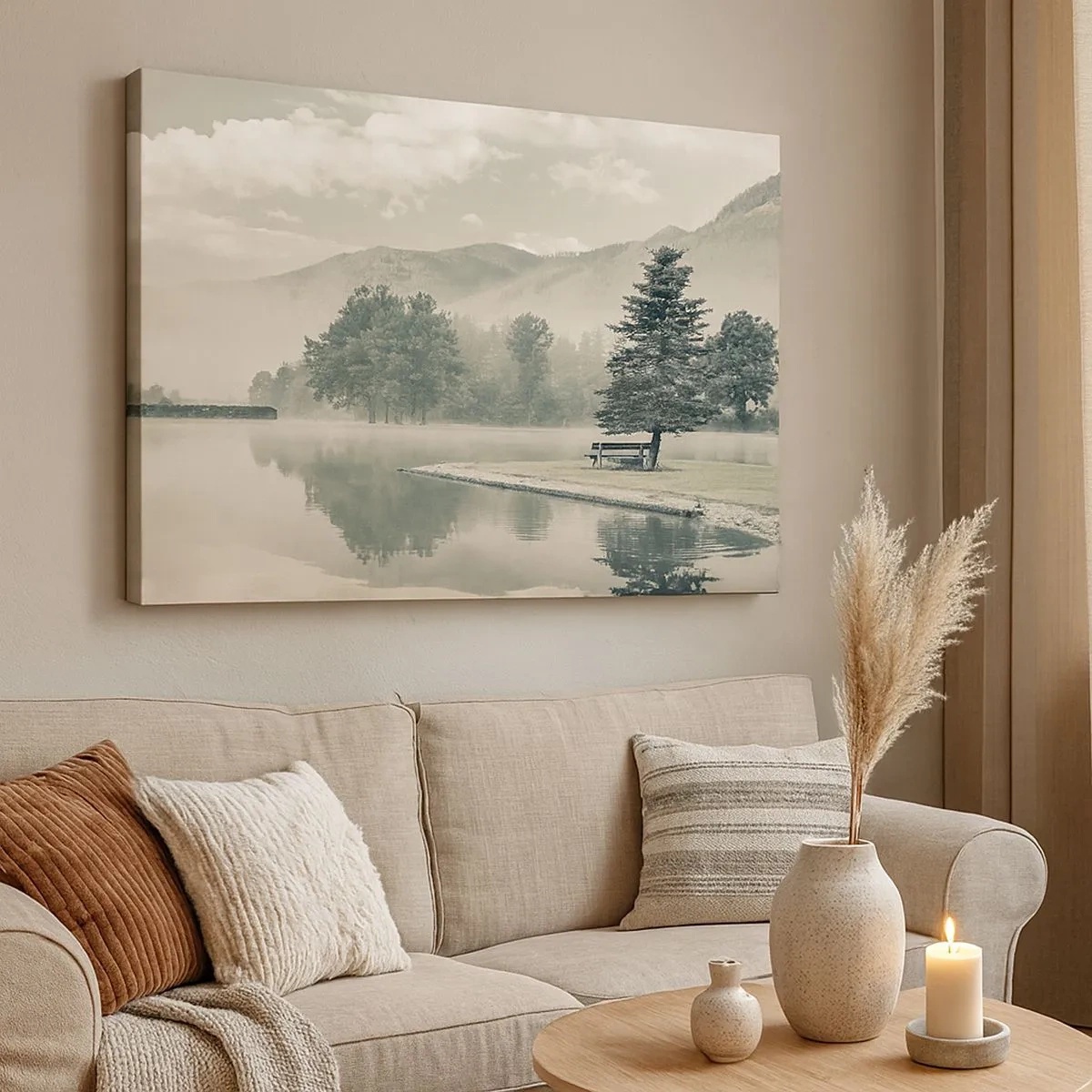 Tablou pe pânză Canvas - Un lac pitoresc cu o bancă și ceață în fundal - 70x50cm - Lacul încă doarme - Decorațiune modernă pentru perete pentru living și dormitor ARTTOR