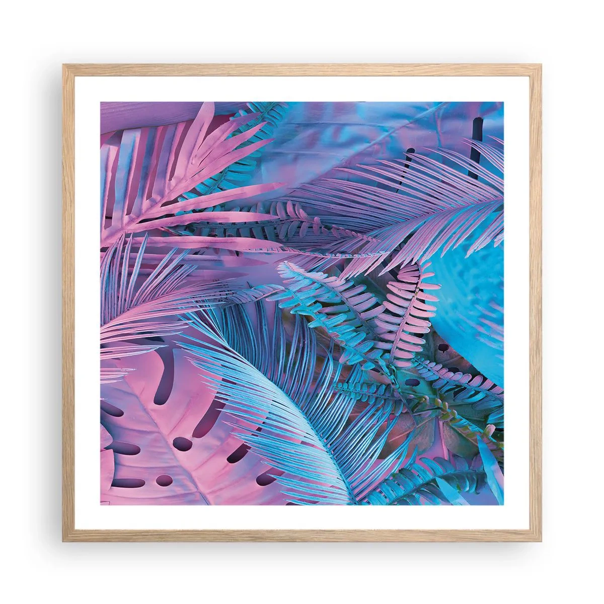 Poster în ramă de stejar deschis - Palmieri în alb și albastru - 60x60 cm