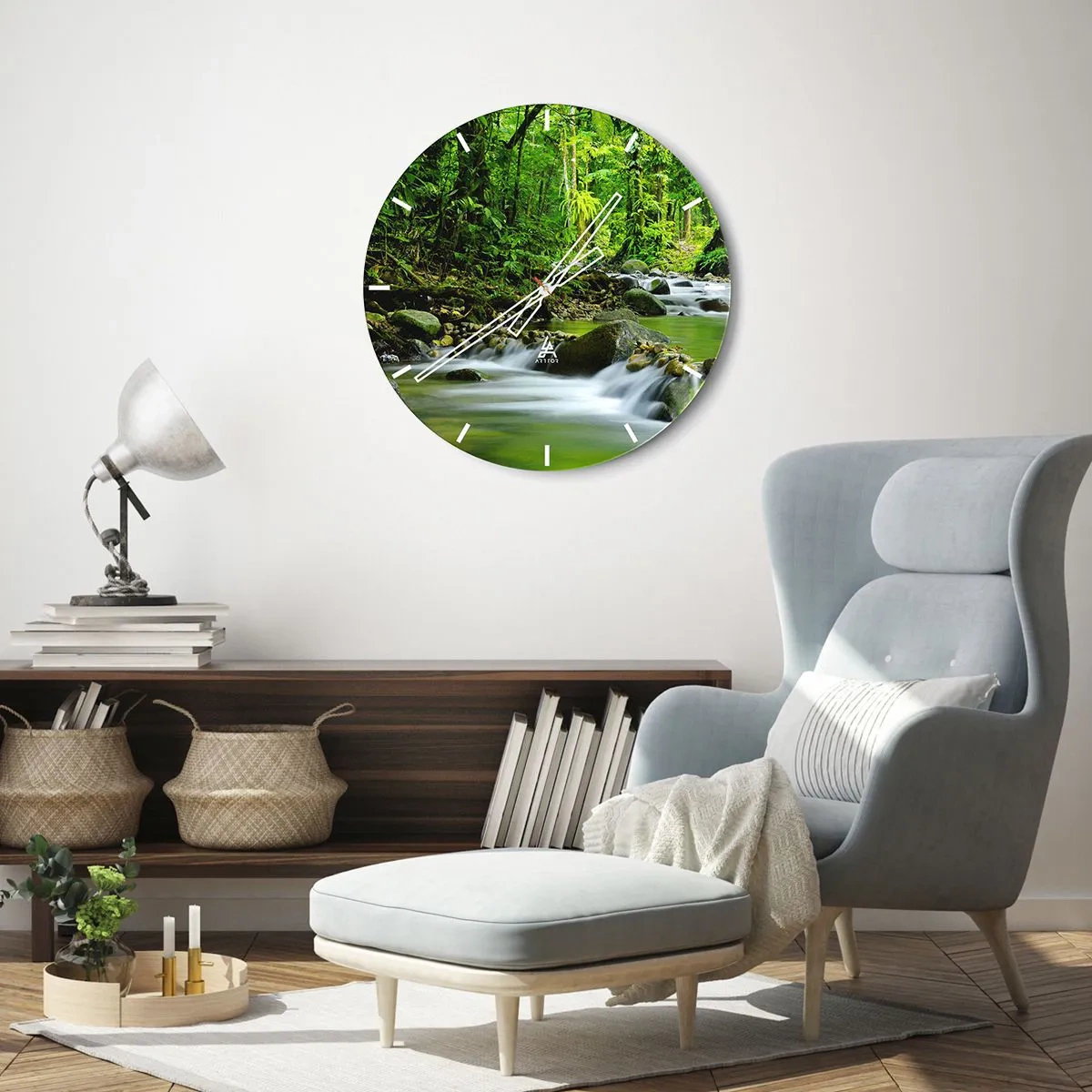 Ceas de perete - Ceas pe sticlă - Un pârâu într-o pădure tropicală - 30x30cm - Să înotăm într-o mare de verde - Decorațiune modernă pentru perete pentru living, bucătărie și dormitor ARTTOR