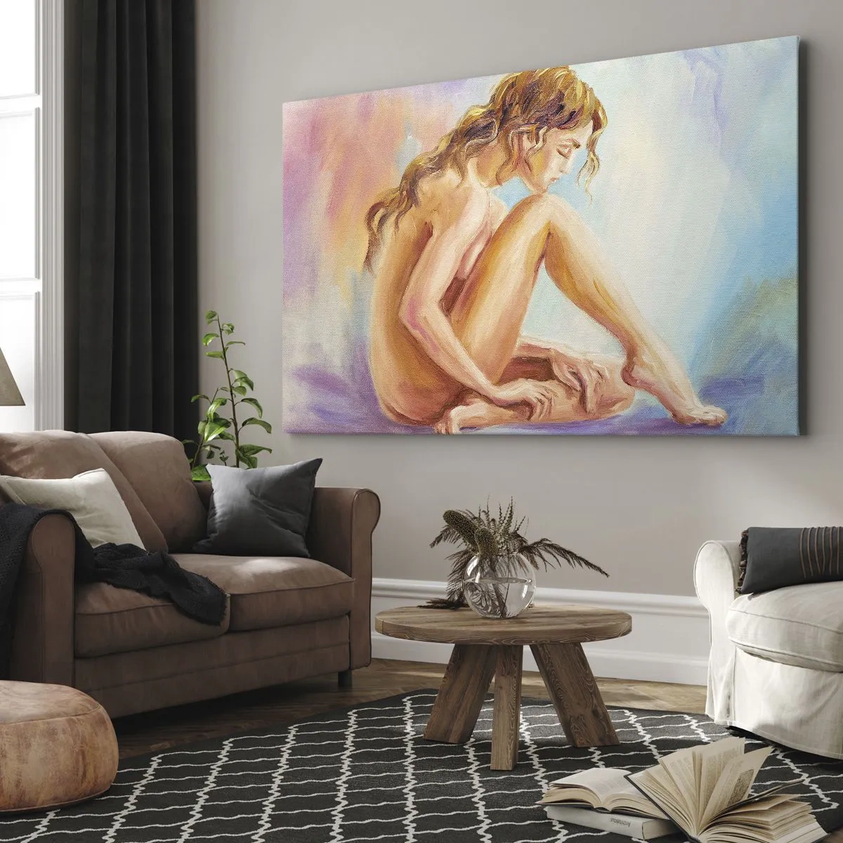 Tablou pe pânză Canvas - O figură delicată a unei femei pe un fundal pastel - 70x50cm - Gest de tinerețe - Decorațiune modernă pentru perete pentru living și dormitor ARTTOR