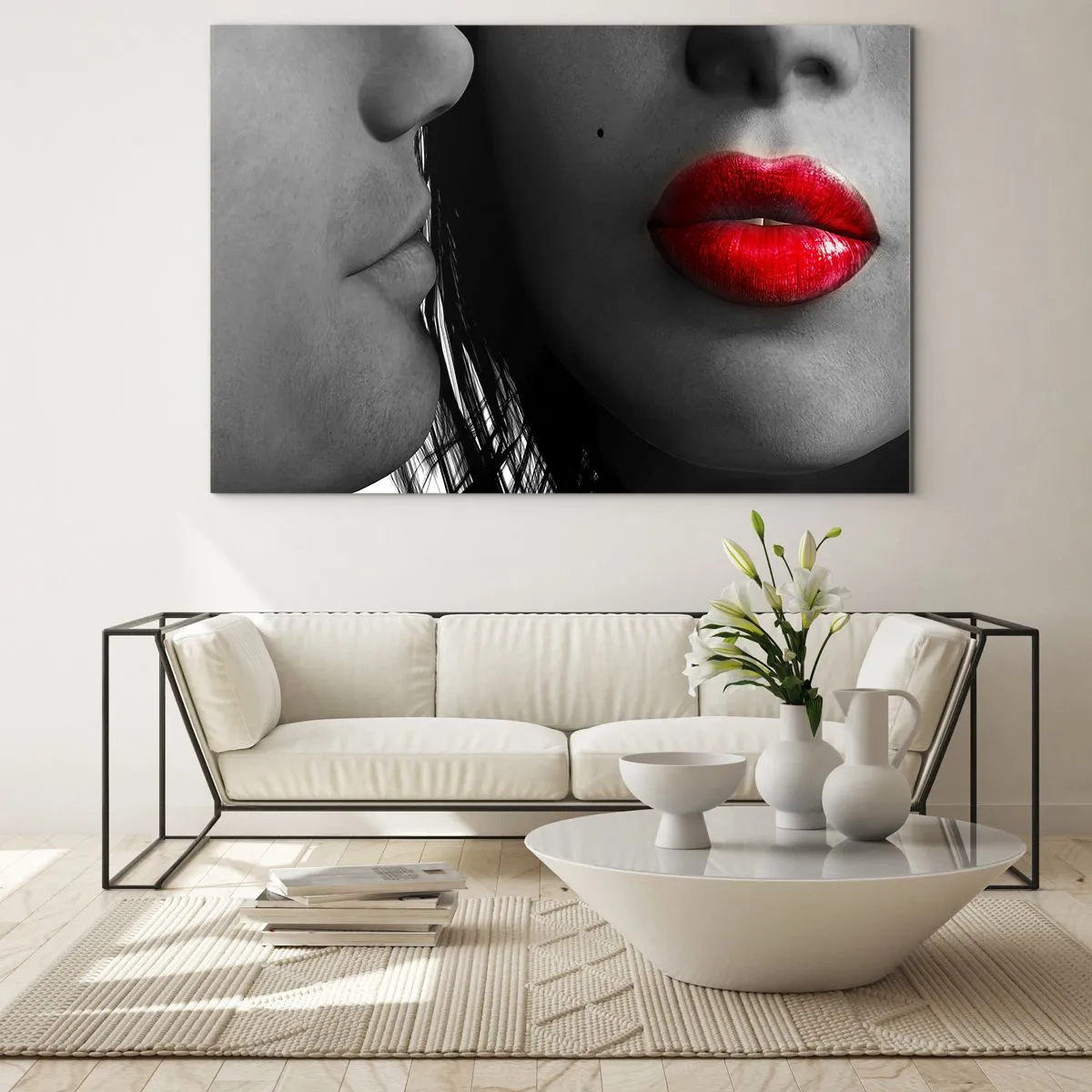 Tablou pe sticlă - Buze senzuale într-o fotografie contrastantă - 70x50cm - Față în față  - Decorațiune modernă pentru perete pentru living și dormitor ARTTOR