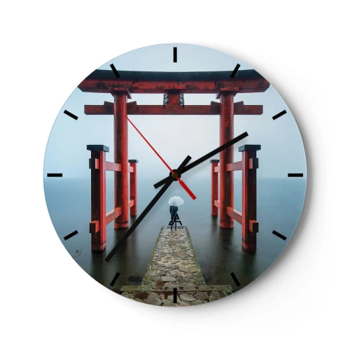 Ceas de perete - Ceas pe sticlă - Poarta Torii Roșie peste apă liniștită în ceață - 30x30cm - Reverie japoneză - Decorațiune modernă pentru perete pentru living, bucătărie și dormitor ARTTOR
