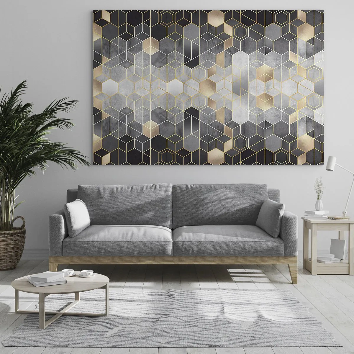 Tablou pe sticlă - Model geometric de hexagoane în linii aurii - 70x50cm - Compoziție diamantată - Decorațiune modernă pentru perete pentru living și dormitor ARTTOR