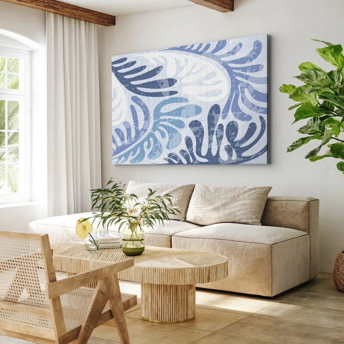 Tablou pe pânză Canvas - Forme abstracte în nuanțe de albastru pe fundal alb - 70x50cm - Ferigi albastre - Decorațiune modernă pentru perete pentru living și dormitor ARTTOR