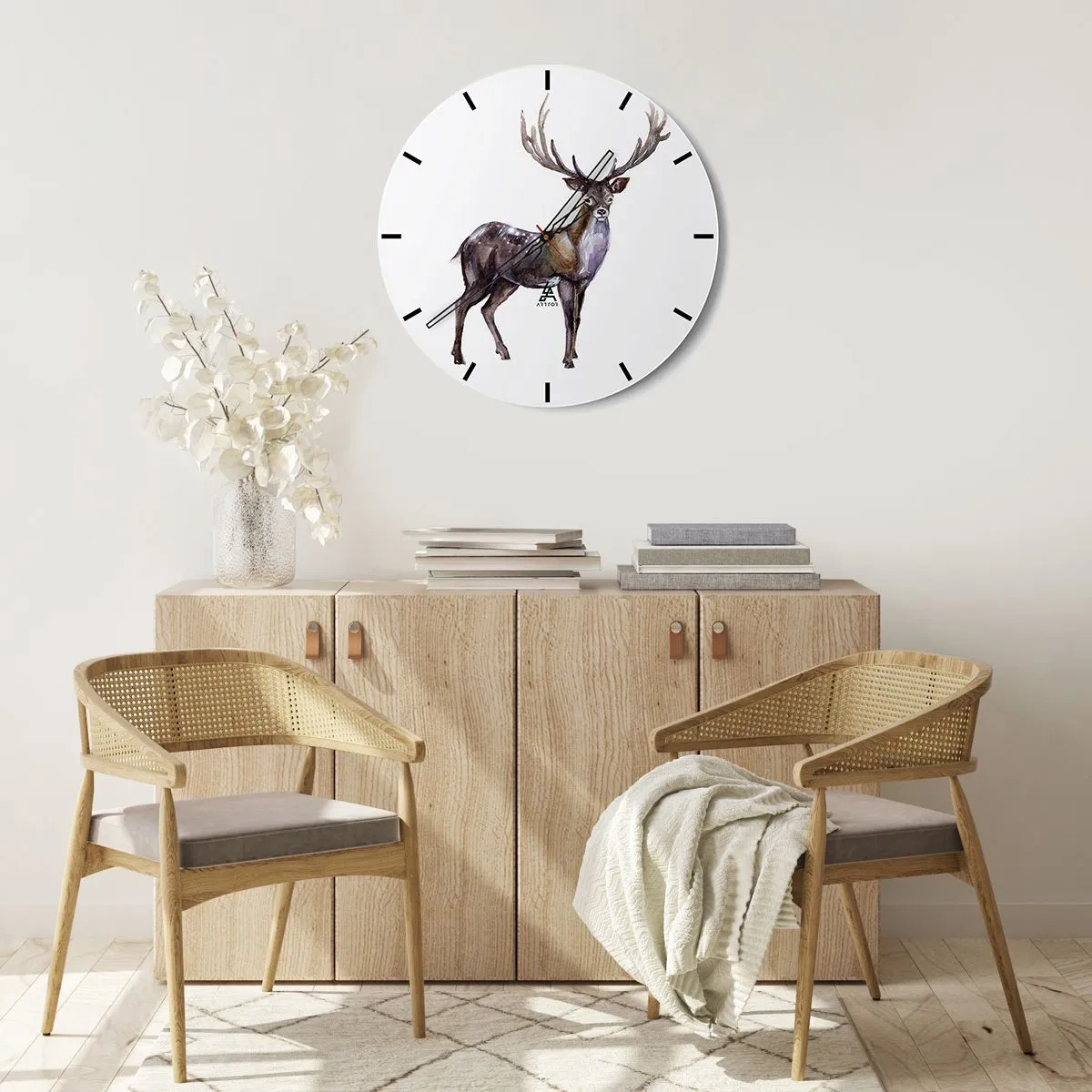 Ceas de perete - Ceas pe sticlă - Imagine în acuarelă a unui cerb - 30x30cm - Regele pustietății nordice - Decorațiune modernă pentru perete pentru living, bucătărie și dormitor ARTTOR
