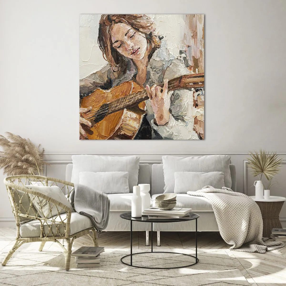 Tablou pe sticlă - Concert pentru chitară și inima unei fete - 30x30 cm