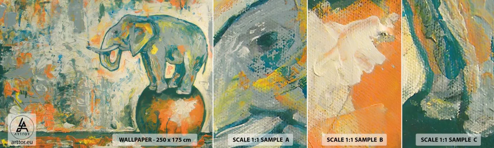 Mostră tapet autocolant Deluxe Sticker - Trăiască circul! - Abstracția, Elefant, Circ - 100x30 cm