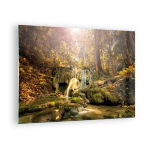 Tablou pe sticlă - Cascadă de pădure în verdeață - 70x50cm - Cascada de pădure în verde - Decorațiune modernă pentru perete pentru living și dormitor ARTTOR