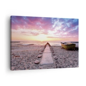 Tablou pe pânză Canvas - Plaja Sunrise cu barcă și dig - 70x50cm - Un moment de experiență profundă - Decorațiune modernă pentru perete pentru living și dormitor ARTTOR