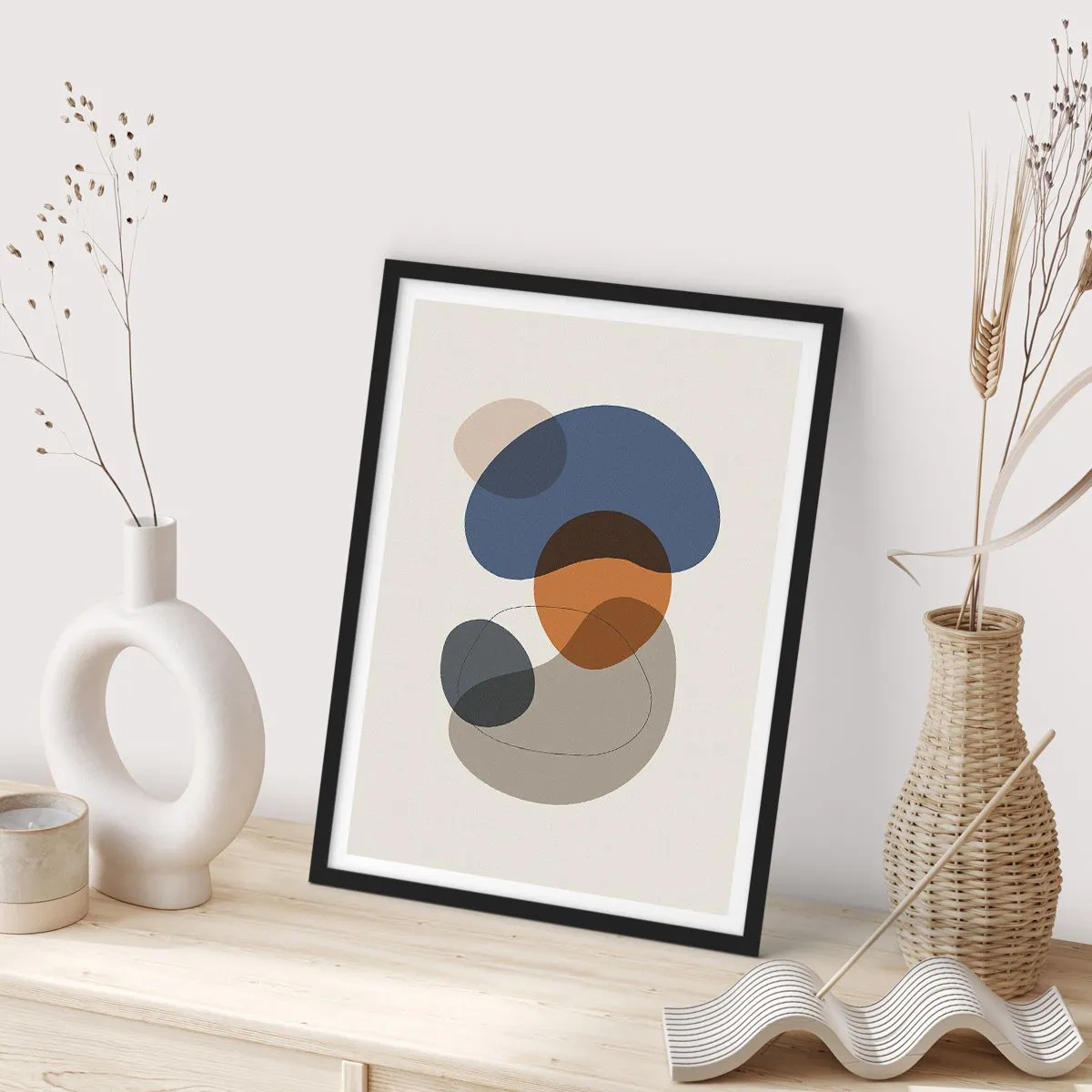 Poster în ramă neagră - Forme abstracte în nuanțe de albastru, maro și gri - 50x70cm - Picături de culoare - Decorațiune modernă pentru perete pentru living și dormitor ARTTOR
