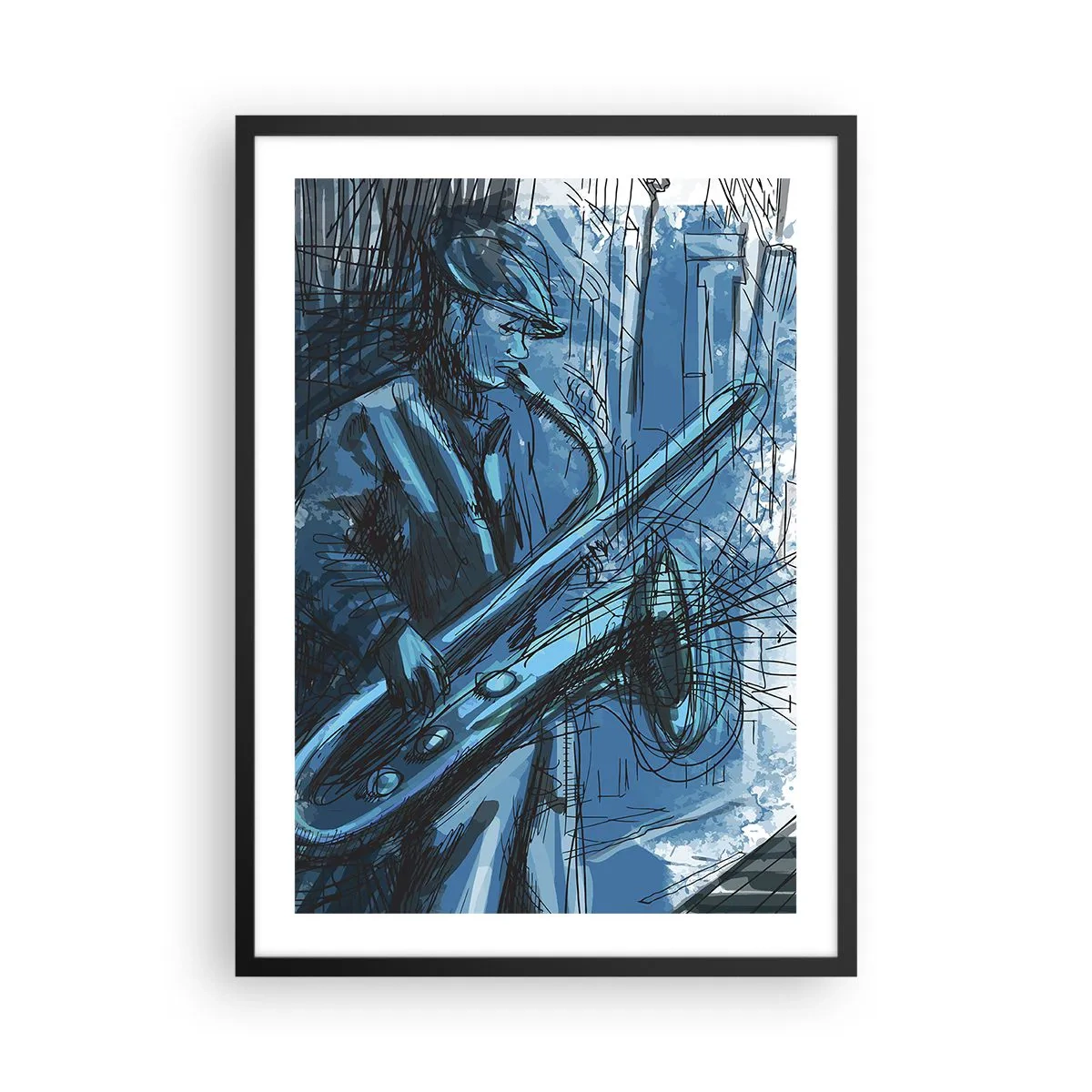 Poster în ramă neagră - Schiță artistică a unui muzician cântând la saxofon - 50x70cm - Rapsodie urbană - Decorațiune modernă pentru perete pentru living și dormitor ARTTOR