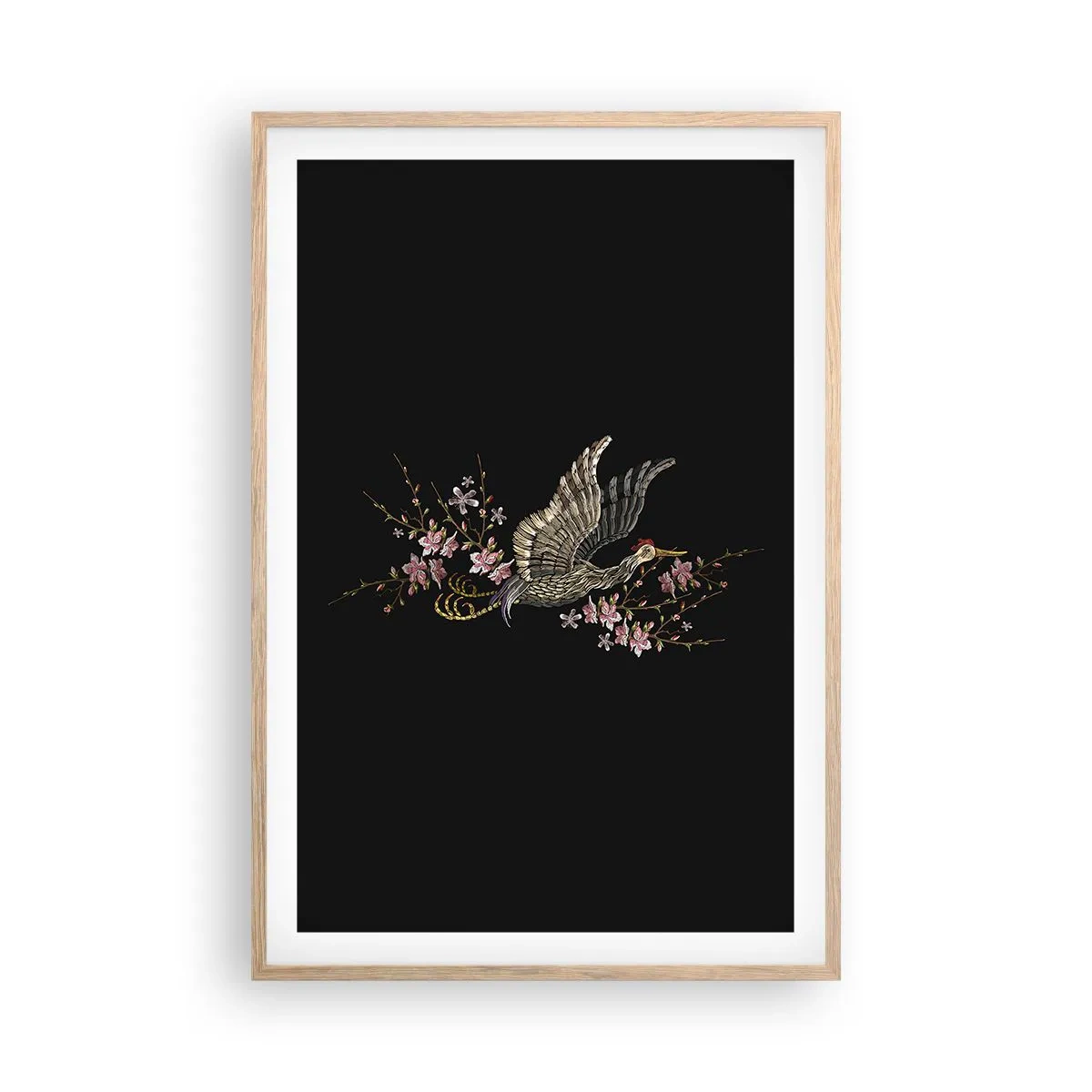 Poster în ramă de stejar deschis - Pasăre exotică brodată - 61x91 cm