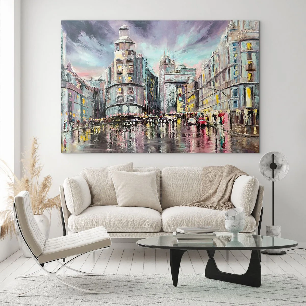 Tablou pe sticlă - O stradă a orașului în ploaie cu o reflexie spectaculoasă a luminilor - 70x50cm - Va fi o seară de succes - Decorațiune modernă pentru perete pentru living și dormitor ARTTOR