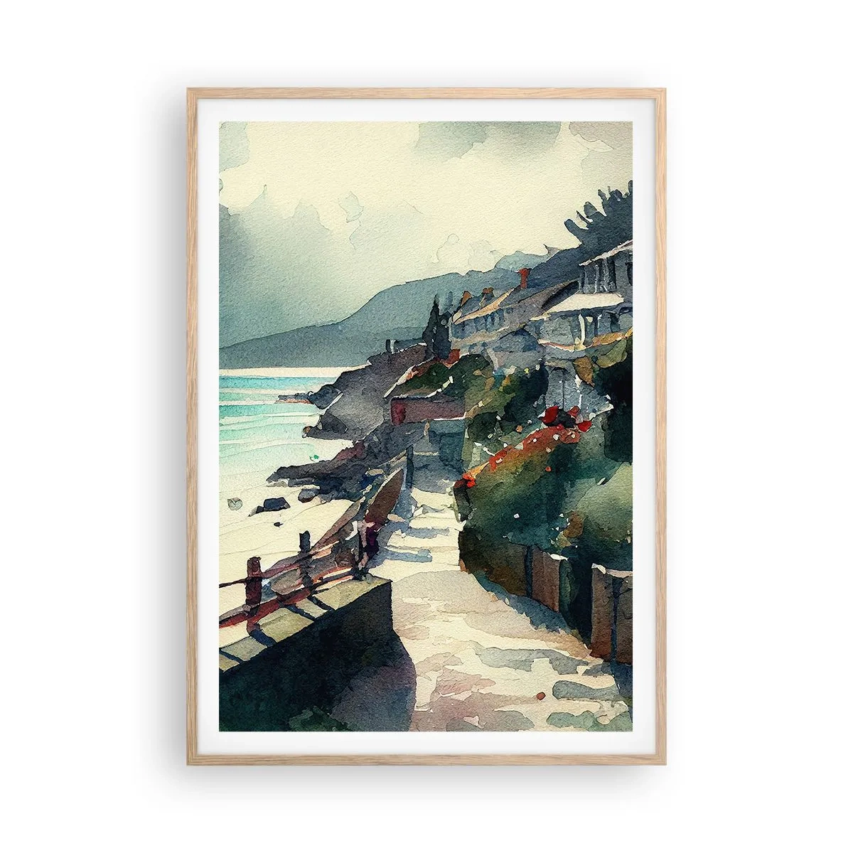 Poster în ramă de stejar deschis - Orășel mediteraneean - 70x100 cm
