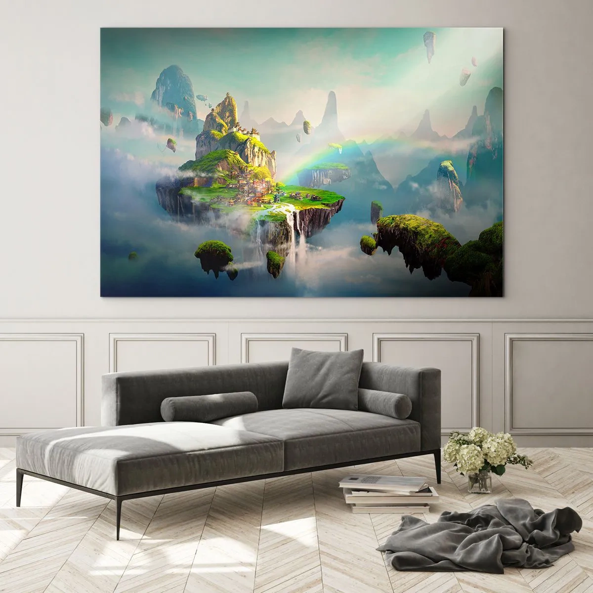 Tablou pe sticlă - Insule zburătoare în nori cu curcubee și cascade - 70x50cm - Insule fericite - Decorațiune modernă pentru perete pentru living și dormitor ARTTOR