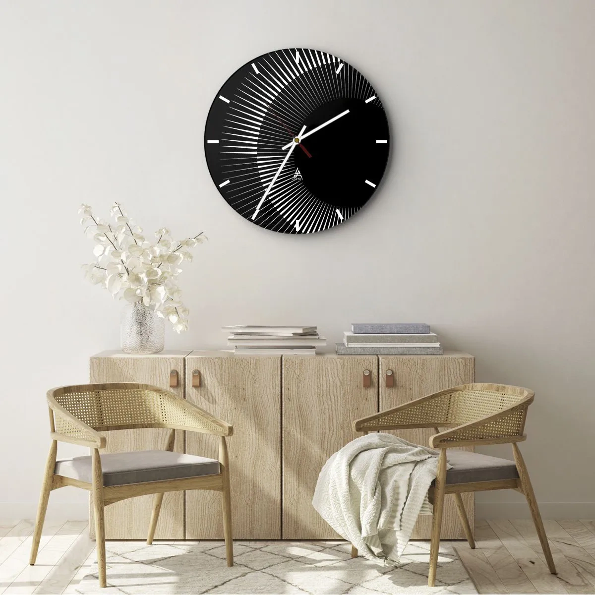 Ceas de perete - Ceas pe sticlă - Fundal negru cu un model radiant sub forma unui disc solar - 30x30cm - Soarele Negru - Decorațiune modernă pentru perete pentru living, bucătărie și dormitor ARTTOR