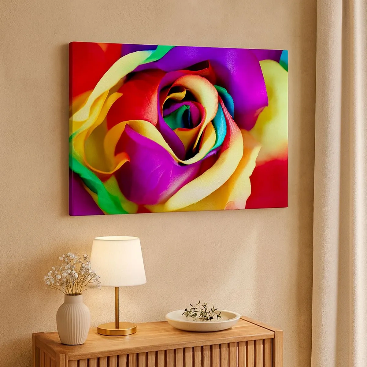 Tablou pe pânză Canvas - Un trandafir colorat în nuanțe de curcubeu - 70x50cm - Acest lucru este imposibil - Decorațiune modernă pentru perete pentru living și dormitor ARTTOR