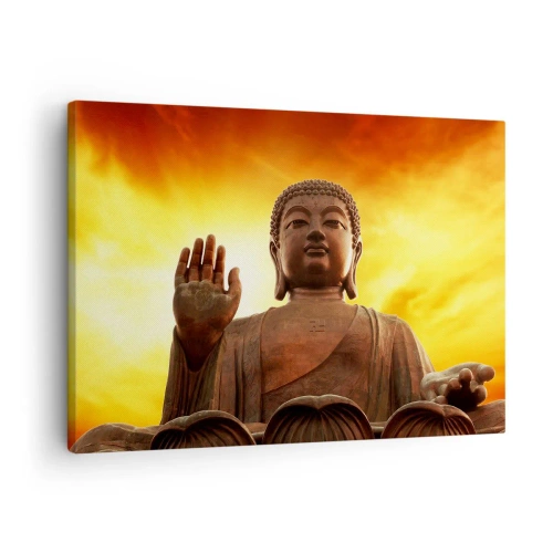 Tablou pe pânză Canvas - O statuie a lui Buddha pe un cer auriu al apusului - 70x50cm - Pacea lumii - Decorațiune modernă pentru perete pentru living și dormitor ARTTOR