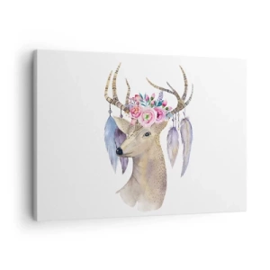 Tablou pe pânză Canvas - Grafică romantică de cerb cu flori și pene - 70x50cm - Ghidul sufletului - blând, inocent - Decorațiune modernă pentru perete pentru living și dormitor ARTTOR
